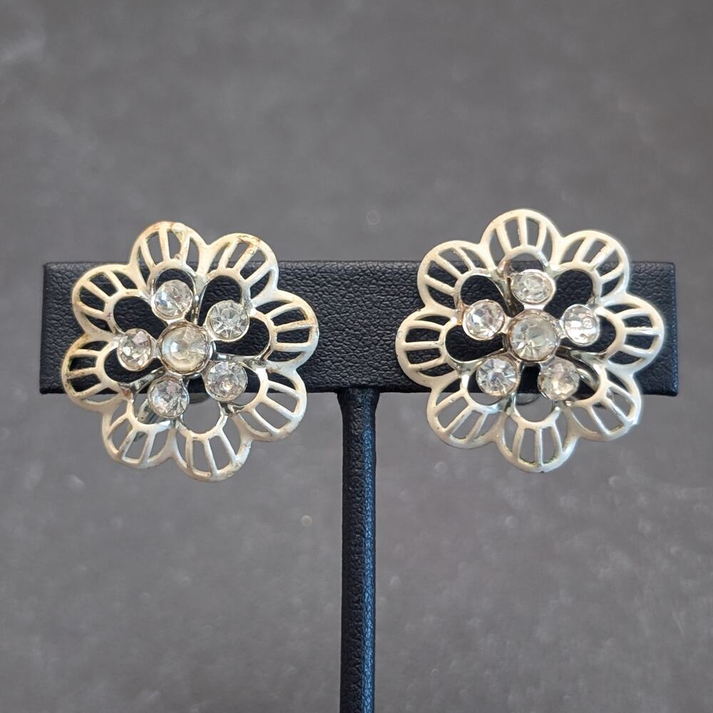 Vintage Screw On Earrings Dark Cream & Clear Gems Large Flower - Fair Condition